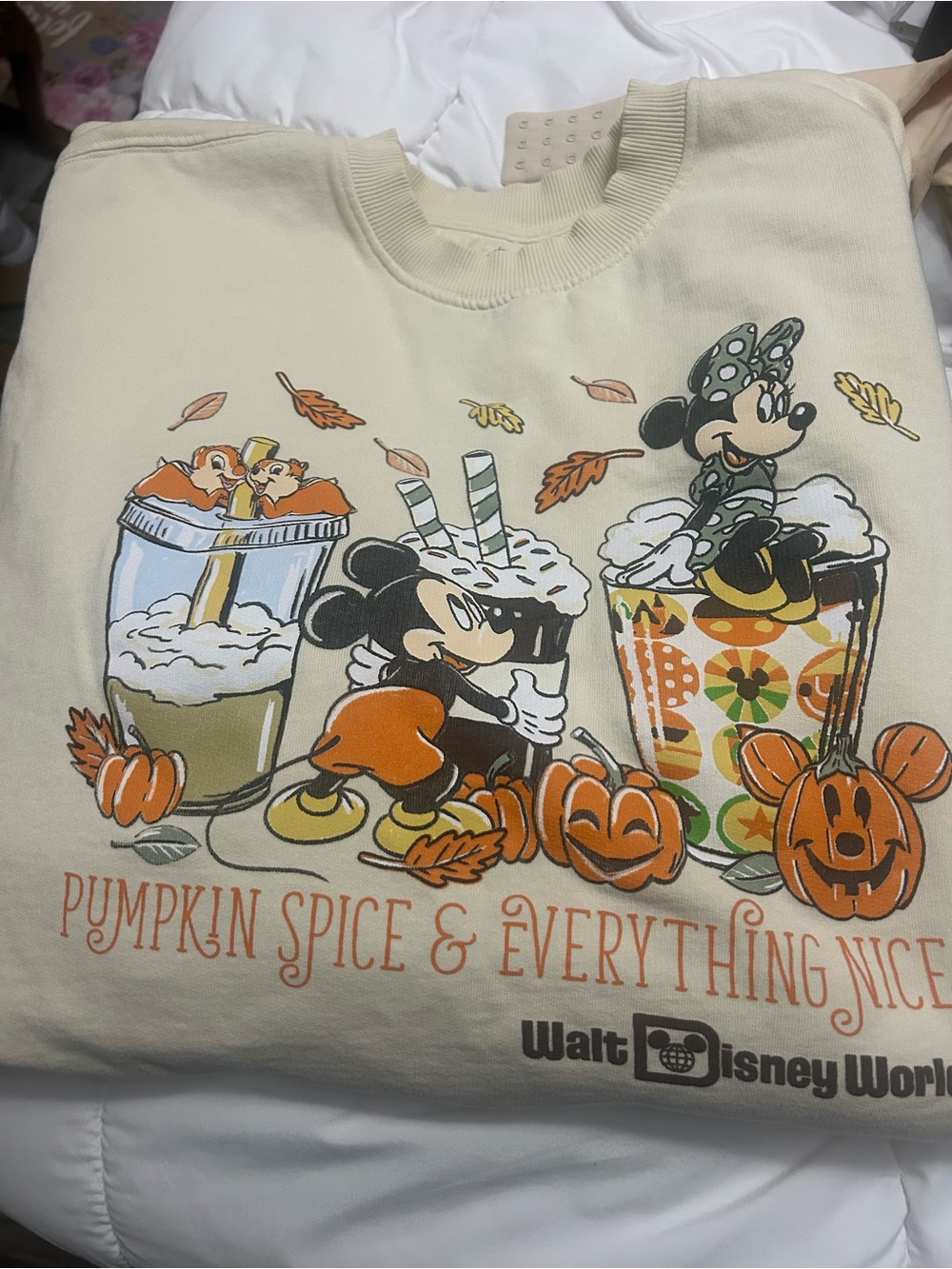 Disney Cream Fall Graphic Sweatshirt with Leaves and Cups